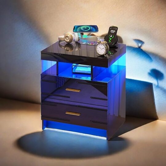 Wireless Charging Station LED Nightstand Motion Sensor Smart Night Stand 2 Storage RGB Lights Modern Bedside High Gloss Bed Side Table for Bedroom, 15.7