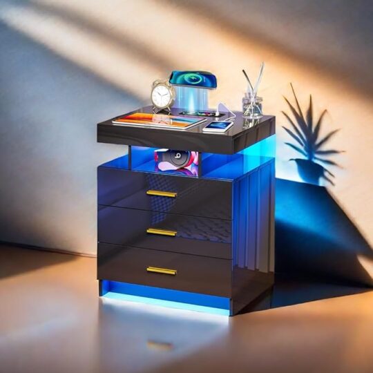 Nightstand with Wireless Charging Station Auto LED,High Gloss Bedside Tables with 3 Drawers & USB Ports, Smart Nightstand with RGB 24 Color & Adjustable Brightness, End Table Black