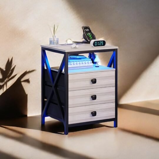 Nightstand with Charging Station and LED Light, LED End Table USB Ports & Outlets, Small Night Stand Fabric Drawers for Bedroom Living Room,Smart Bedside Table with Motion Sensor Lights