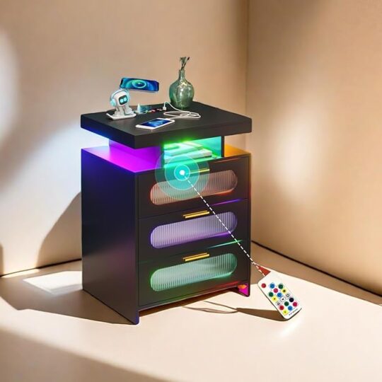 Night Stand with Wireless Charging Station, Modern Bedside Table RGB with 24 Color Lights for Bedroom, End Side Table with Body Sensor/USB Port, LED Smart Nightstand has 3 Drawers Black