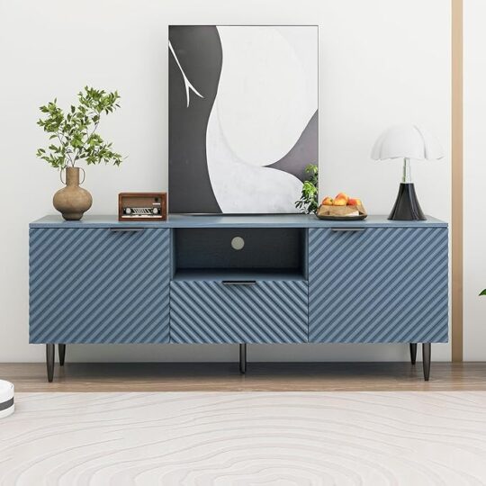 TV Stand Cabinet with Solid Ion Feet, TV Console Table for Living Room, Bedroom, Wave Pattern, and Natural and Elegant Tones,Blue