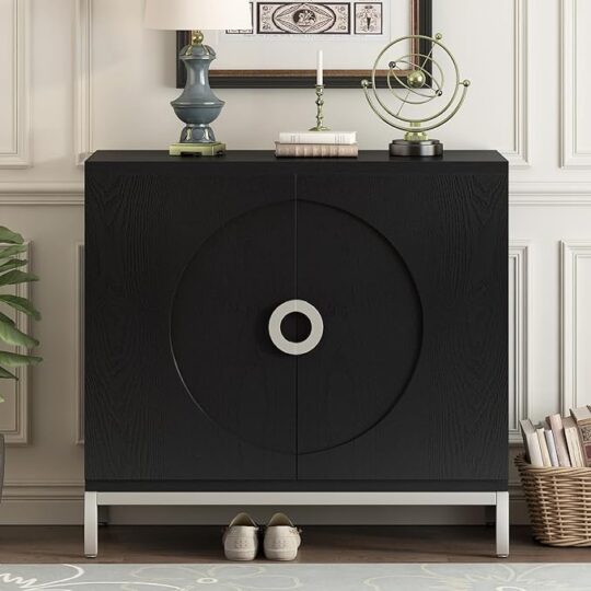 Simple Storage Cabinet Accent Cabinet with Solid Wood Veneer and Metal Leg Frame for Living Room, Entryway, Dining Room, Black