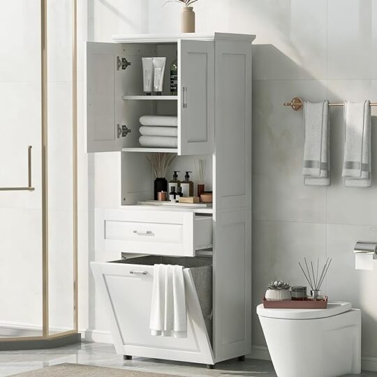 Tall Bathroom Tilt Out Laundry Basket Cabinet, White