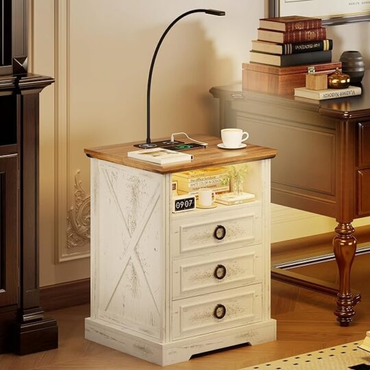 Farmhouse Night Stand with Charging Station, Smart Nightstand with 3 Colors Lights, Flexible Reading Lamp End Side Table 3 Drawers, Rustic Wood Small Dresser Chest for Bedroom, Living Room