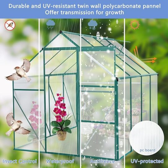 Walk in Plant Greenhouses with Sliding Door, Heavy-Duty & Durable Frame,6 x 8 FT Greenhouse for Outdoors with Adjustable Roof and Galvanized Base,Green