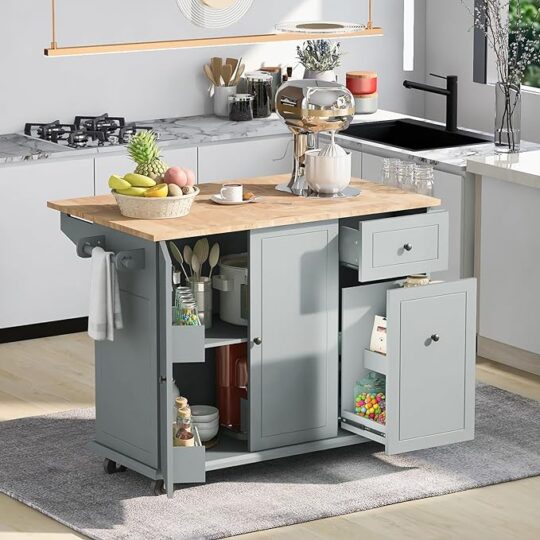 Kitchen Island with Drop Leaf, Rolling Kitchen Cart on Wheels with Internal Storage Rack and 3 Tier Pull Out Cabinet Organizer, Kitchen Cart with Spice Rack, Towel Rack,53.9