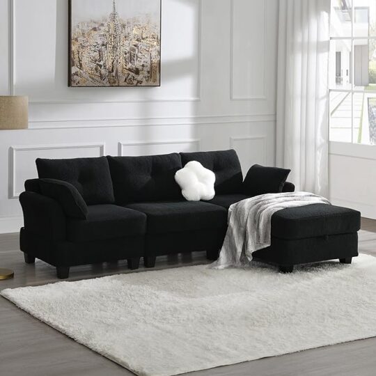 Modern 4 Seats Teddy Velvet Sectional Charging Ports Sofas, Black