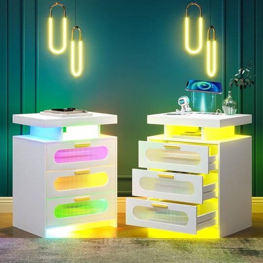 Night Stand with Wireless Charging Station, Modern Bedside Table RGB with 24 Color Lights for Bedroom, End Side Table with Body Sensor/USB Port, LED Smart Nightstand has 3 Drawers White