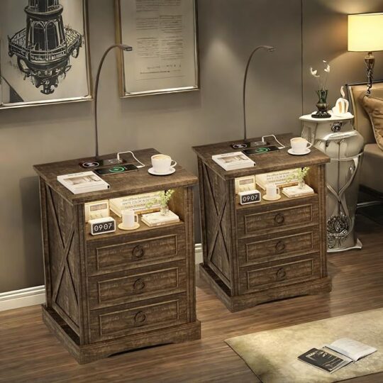 Farmhouse Night Stand Set of 2 with Charging Station, Smart Nightstand with 3 Colors Lights, Flexible Reading Lamp End Side Table 3 Drawers, Rustic Wood Small Dresser Chest for Bedroom