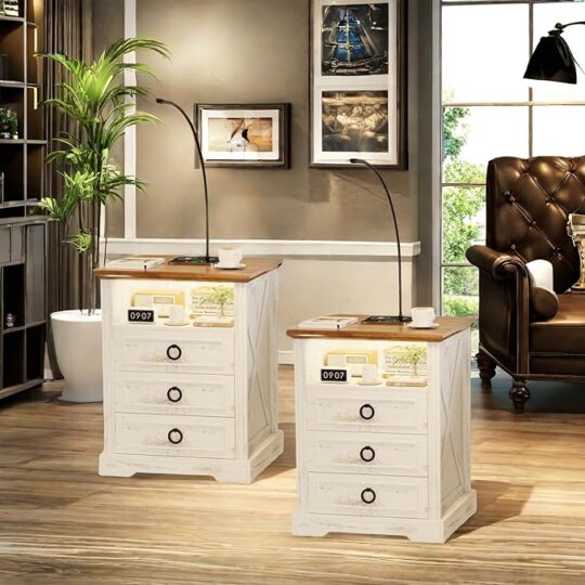 Farmhouse Night Stand Set of 2 with Charging Station, Smart Nightstand with 3 Colors Lights, Flexible Reading Lamp End Side Table 3 Drawers, Rustic Wood Small Dresser Chest for Bedroom