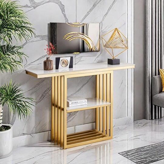 Narrow Console Table, 47 Inch Entryway Sofa Table with Shelves, Narrow Sintered Stone Accent Table Metal Base, Luxury Entry Table with Storage for Living Room, Hallway, Bedroom