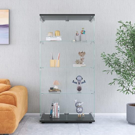Two-Door Glass 4 Shelves, Floor Standing Curio Bookshelf Display Cabinet, Black