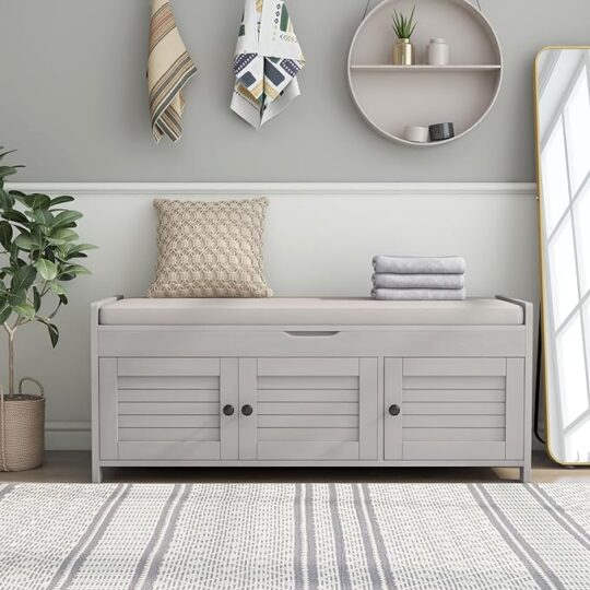 3 Shutter-Shaped Doors Storage Benches, Gray Wash