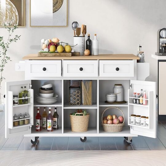 Kitchen Cart, Versatile Rubber Wood Drop-Leaf Countertop, Ample Storage with 3 Drawers, and Kitchen Island on 5 Wheels, Cabinet Door Internal Storage Racks for Dinning Room,White