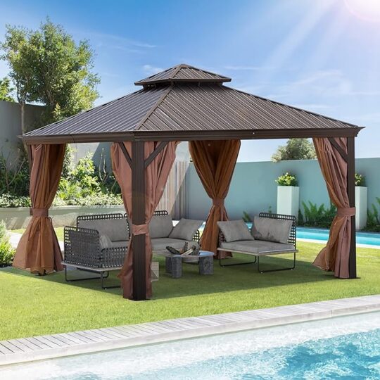 12x12 FT Permanent Hardtop Outdoor Galvanized Steel Roof Gazebo with Aluminum Frame, Gazebo Tent for Patio, Garden, Backyard, Bronze
