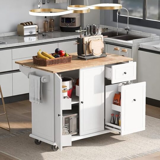 Kitchen Island with Drop Leaf, Rolling Kitchen Cart on Wheels with Internal Storage Rack and 3 Tier Pull Out Cabinet Organizer, Kitchen Cart with Spice Rack, Towel Rack,53.9