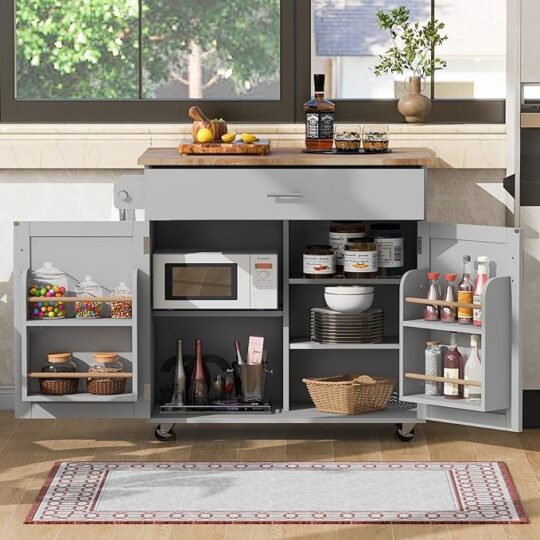 Rolling Kitchen Island Cart with Rubber Wood Top, Spacious Drawer with Divider and Internal Storage Rack, Kitchen Island on Wheels with Adjustable Shelf Tower Rack, Grey