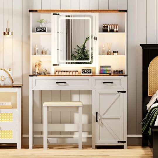 Farmhouse Makeup Desk with Mirror & Light 40'' Glass Tabletop Table with 2 Drawers & Hidden Jewelry Cabinet Rustic Big Vanity Charging Station Set Stool Included Bedroom, Vintage White